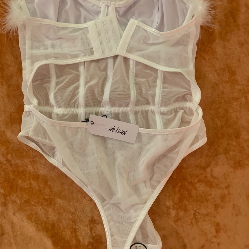 Premium Feather Trim Satin Corset Bodysuit Sz L - Picture 11 of 16